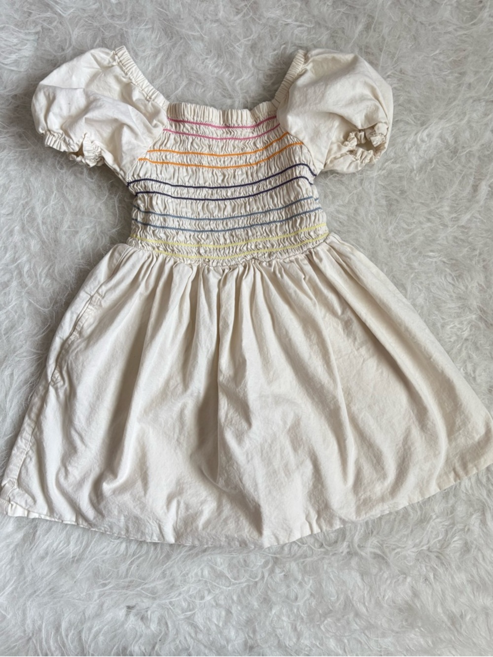 Hanna Andersson Cream Puff-Sleeve Smocked Dress with Rainbow Stripes - Picture 1 of 4